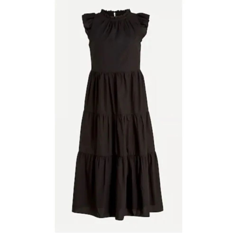 J.Crew  Tiered Ruffle-Sleeve
Cotton Poplin Midi Dress in Black Size XS / NWOT